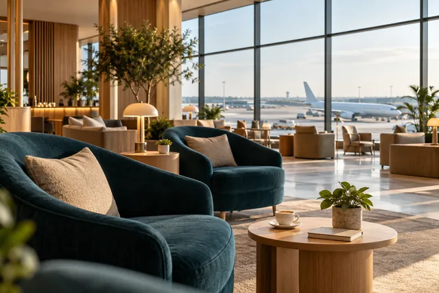 Interior de una sala de espera con sillones y vista a la pista