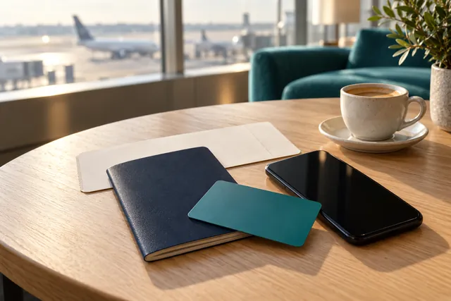 Documentos de viaje, tarjeta sin marca y teléfono sobre una mesa