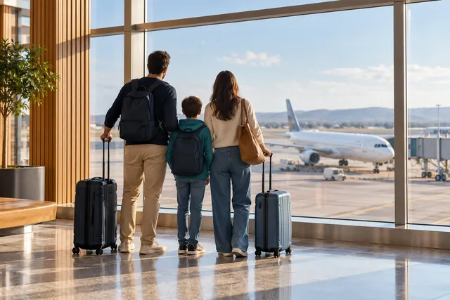 Una familia con equipaje observa un avión desde la terminal